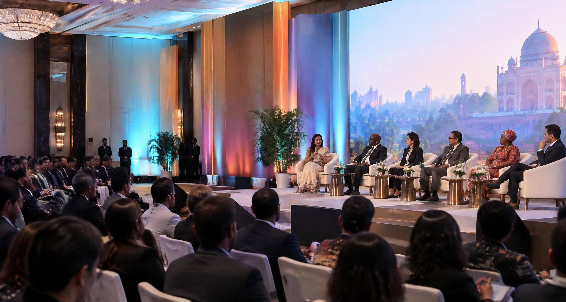 International leaders discussing collaboration on a conference stage with a professional audience